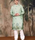 Green cotton floral kurta pajama for mens