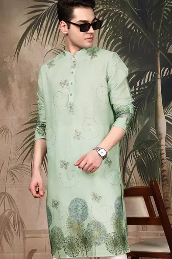 Green cotton floral kurta pajama for mens