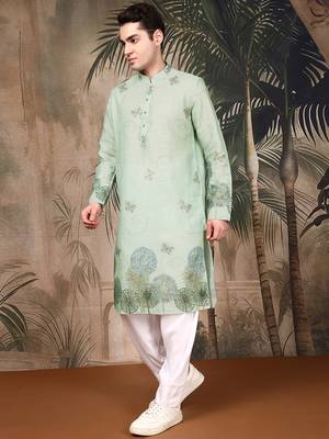Green cotton floral kurta pajama for mens 3