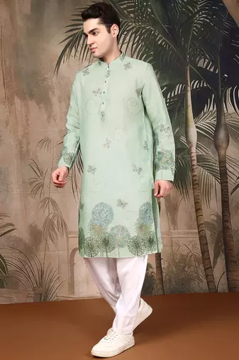 Green cotton floral kurta pajama for mens