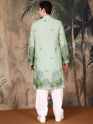 Green cotton floral kurta pajama for mens 4