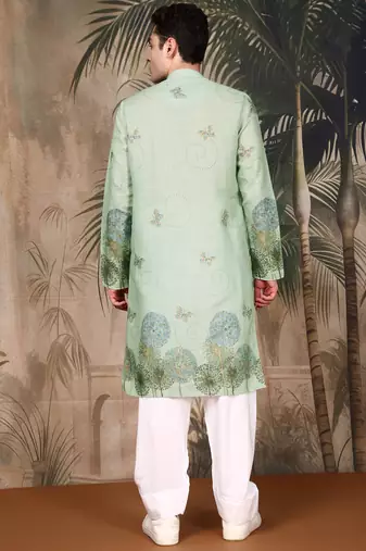 Green cotton floral kurta pajama for mens