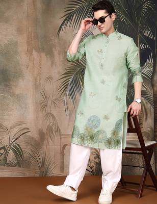 Green cotton floral kurta pajama for mens 5