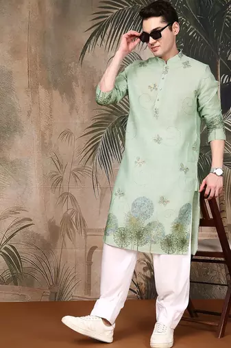 Green cotton floral kurta pajama for mens