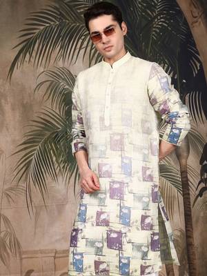 Beige cotton floral kurta pajama for mens 2