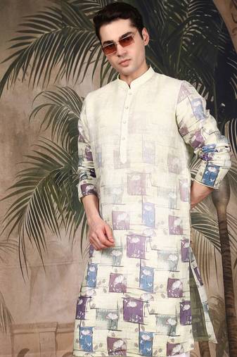 Beige cotton floral kurta pajama for mens