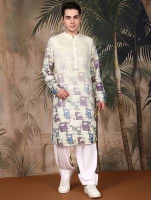 Beige cotton floral kurta pajama for mens 1