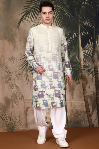 Beige cotton floral kurta pajama for mens