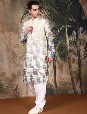 Beige cotton floral kurta pajama for mens 3