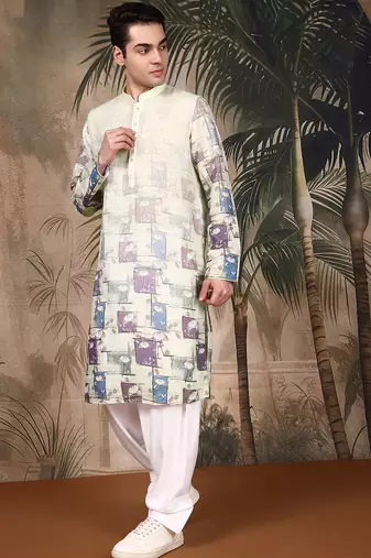 Beige cotton floral kurta pajama for mens
