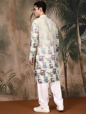 Beige cotton floral kurta pajama for mens 4
