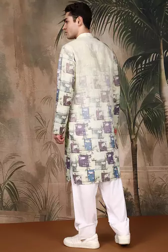 Beige cotton floral kurta pajama for mens