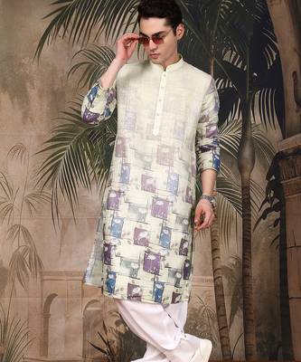 Beige cotton floral kurta pajama for mens 5