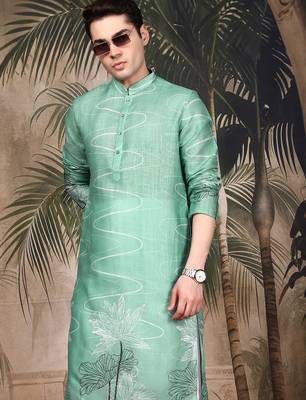 Green cotton floral kurta pajama for mens 2