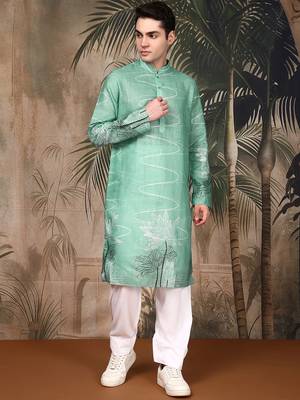 Green cotton floral kurta pajama for mens 1