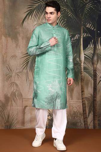 Green cotton floral kurta pajama for mens