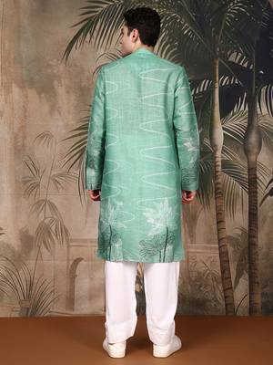 Green cotton floral kurta pajama for mens 4
