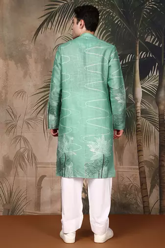 Green cotton floral kurta pajama for mens
