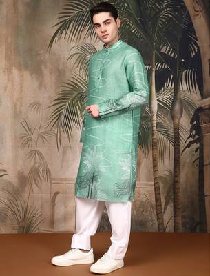 Green cotton floral kurta pajama for mens 5