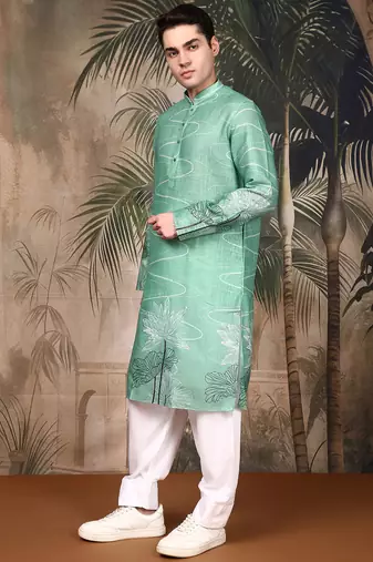 Green cotton floral kurta pajama for mens