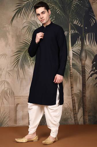 Deep blue cotton chikankari kurta pajama for mens