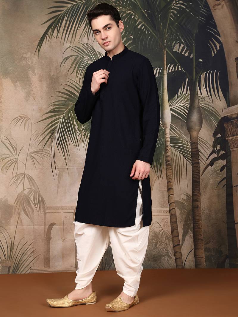 Deep blue cotton chikankari kurta pajama for mens