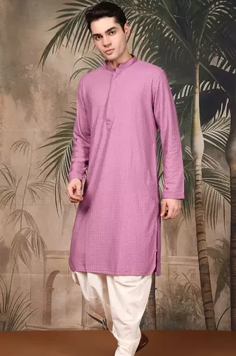 Deep pink cotton chikankari kurta pajama for mens