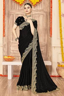 Black sequin zari embroidered siroski stone work two tone silk saree sari 1