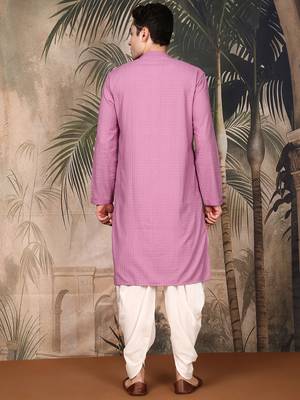 Deep pink cotton chikankari kurta pajama for mens 4