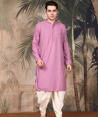 Deep pink cotton chikankari kurta pajama for mens 5