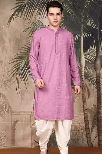 Deep pink cotton chikankari kurta pajama for mens