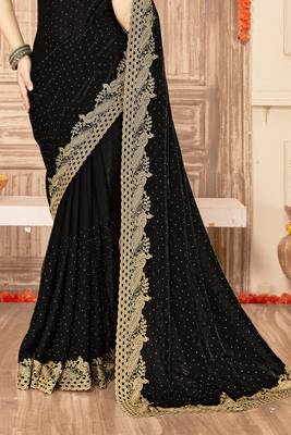 Black sequin zari embroidered siroski stone work two tone silk saree sari 5