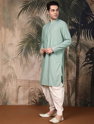Green cotton chikankari kurta pajama for mens 1