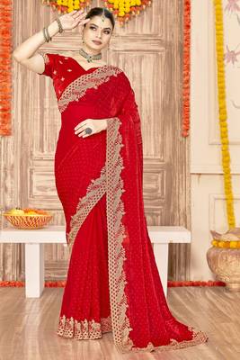 Red sequin zari embroidered siroski stone work two tone silk saree sari 1