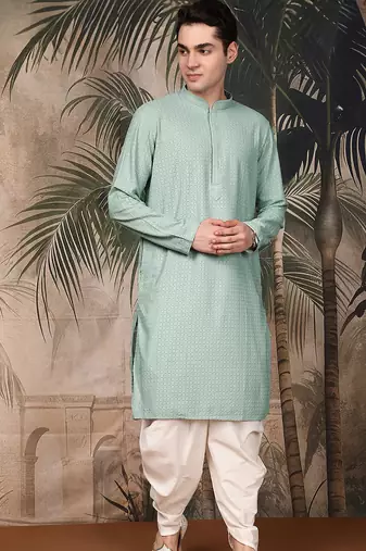 Green cotton chikankari kurta pajama for mens