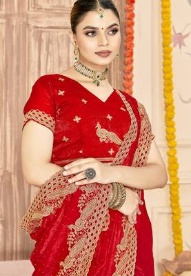Red sequin zari embroidered siroski stone work two tone silk saree sari 2