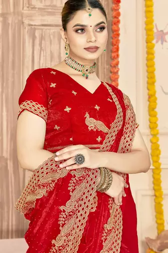 Red sequin zari embroidered siroski stone work two tone silk saree sari
