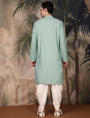 Green cotton chikankari kurta pajama for mens 4