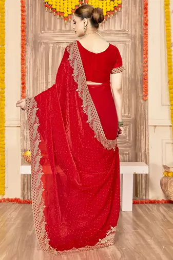 Red sequin zari embroidered siroski stone work two tone silk saree sari