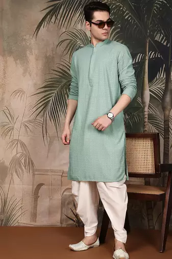 Green cotton chikankari kurta pajama for mens
