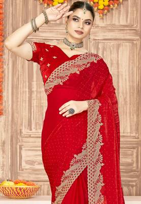 Red sequin zari embroidered siroski stone work two tone silk saree sari 4