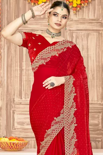 Red sequin zari embroidered siroski stone work two tone silk saree sari