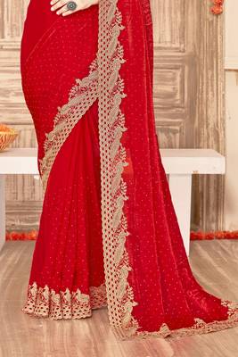 Red sequin zari embroidered siroski stone work two tone silk saree sari 5