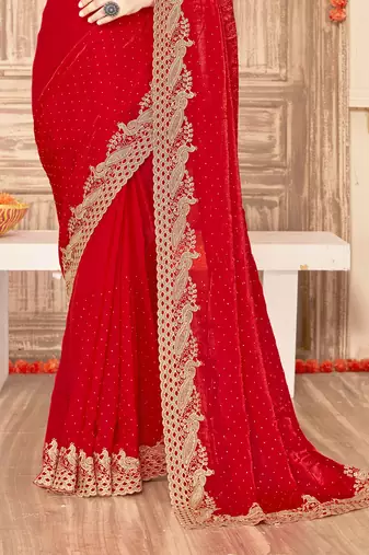 Red sequin zari embroidered siroski stone work two tone silk saree sari
