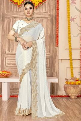 White sequin zari embroidered siroski stone work two tone silk saree sari 1