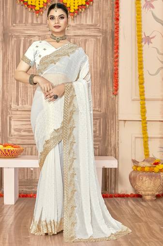 White sequin zari embroidered siroski stone work two tone silk saree sari