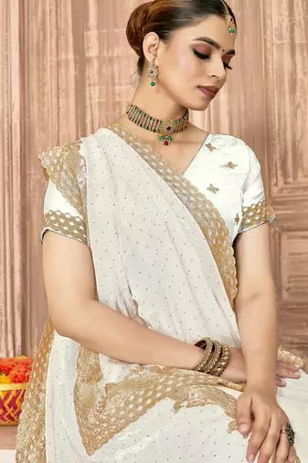 White sequin zari embroidered siroski stone work two tone silk saree sari
