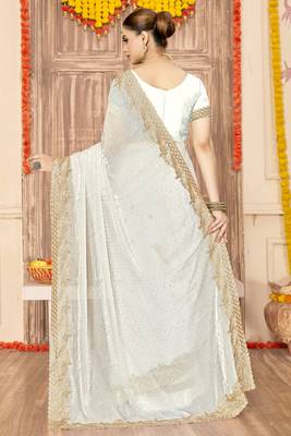 White sequin zari embroidered siroski stone work two tone silk saree sari 3