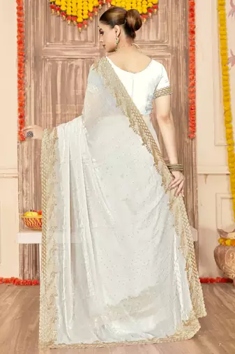 White sequin zari embroidered siroski stone work two tone silk saree sari