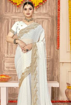 White sequin zari embroidered siroski stone work two tone silk saree sari 4
